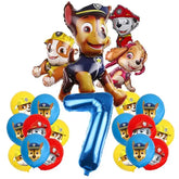 Vibrant Paw Patrol birthday balloons set with large number 7 and playful pup designs, perfect for unique kids’ party decor.