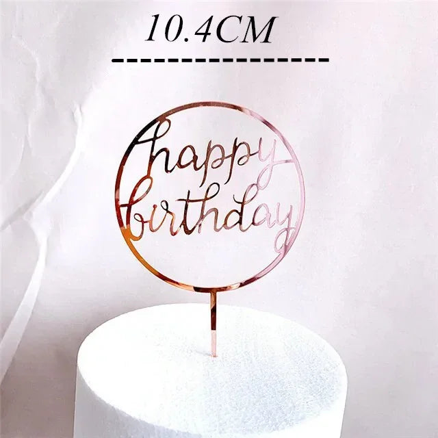 Stylish rose gold happy birthday cake topper in a unique circular design, 10.4cm tall.