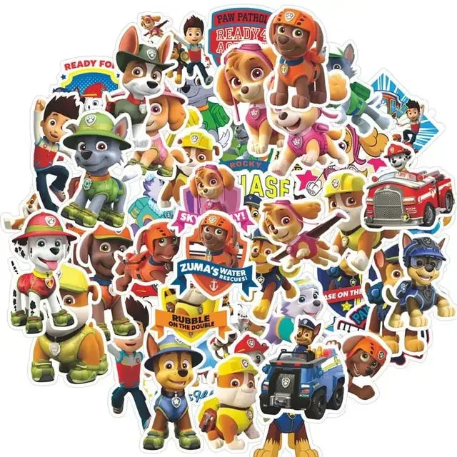 Vibrant cartoon rescue puppy stickers with playful, colorful characters and adventure motifs