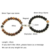 Unique tiger eye and onyx couple bracelets with magnetic clasp, customizable length, stylish bead design.
