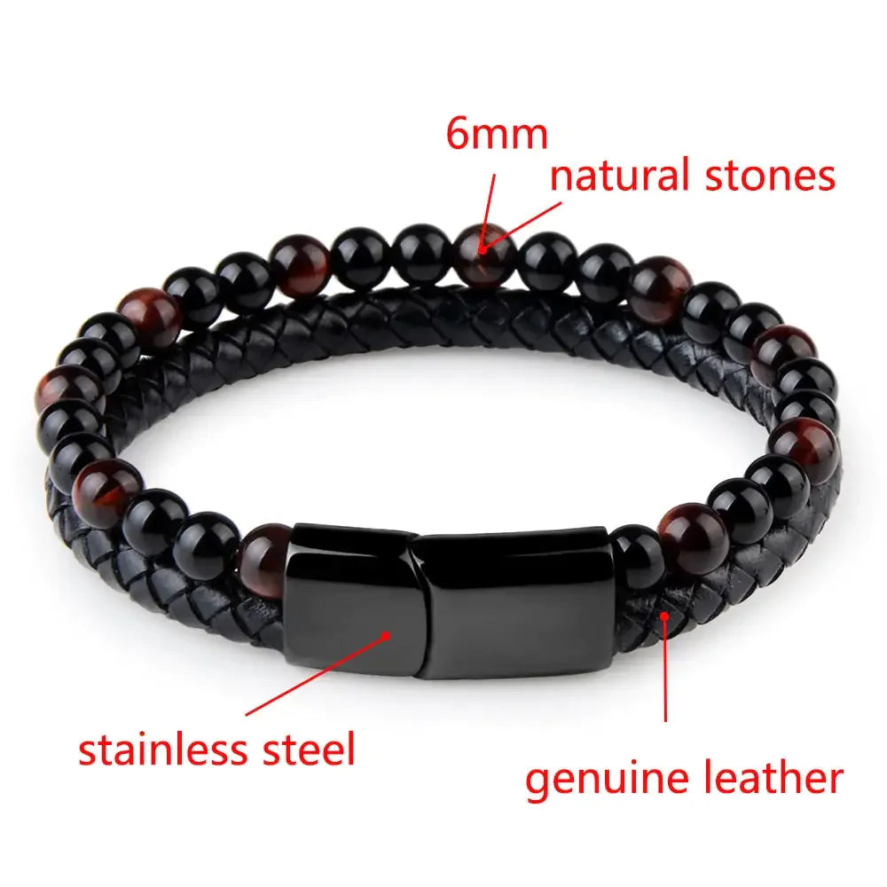 Unique black braided leather bracelet with 6mm natural stones and stainless steel clasp