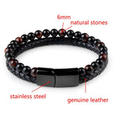 Unique black braided leather bracelet with 6mm natural stones and stainless steel clasp