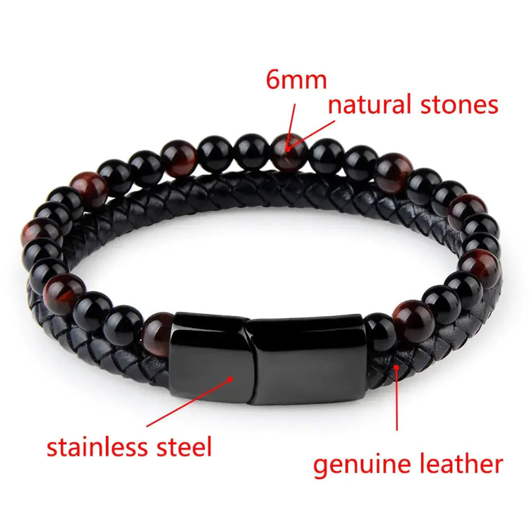 Unique black braided leather bracelet with 6mm natural stones and stainless steel clasp