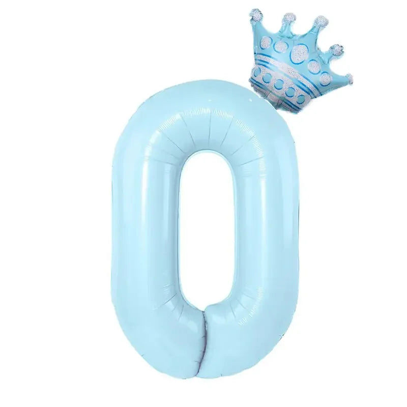 Charming blue crown foil balloon in zero shape, perfect for unique party décor