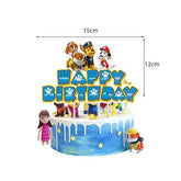 Vibrant blue drip cake with playful cartoon dog toppers and bold &
