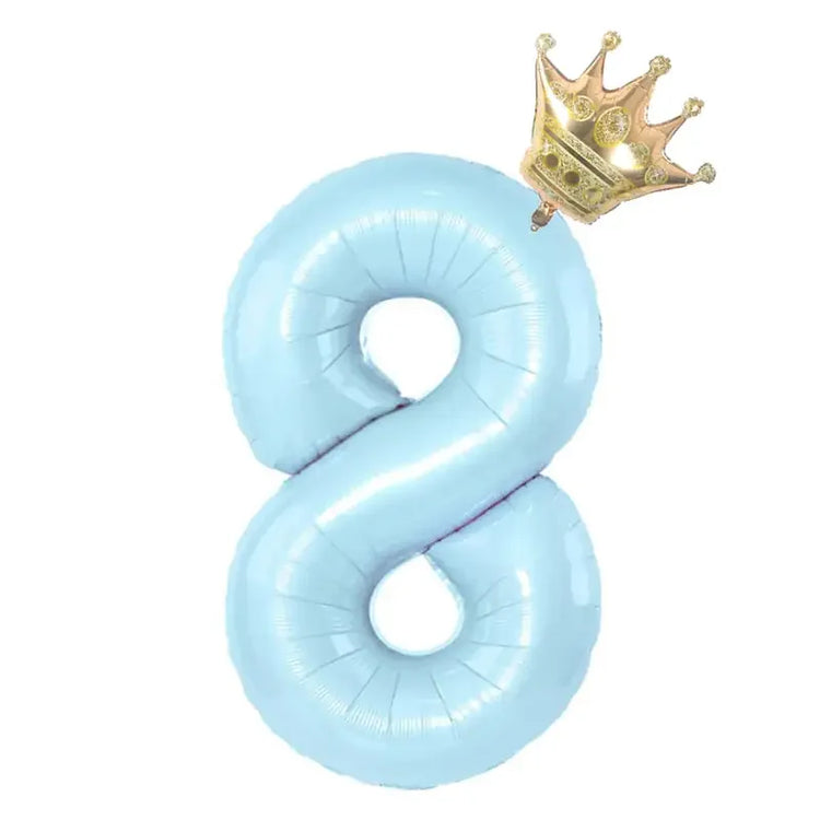 Shiny blue number 8 balloon with a gold crown, perfect for unique party décor