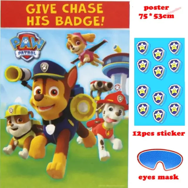 Vibrant Paw Patrol party game set with Chase poster, badge stickers, and playful eye mask.