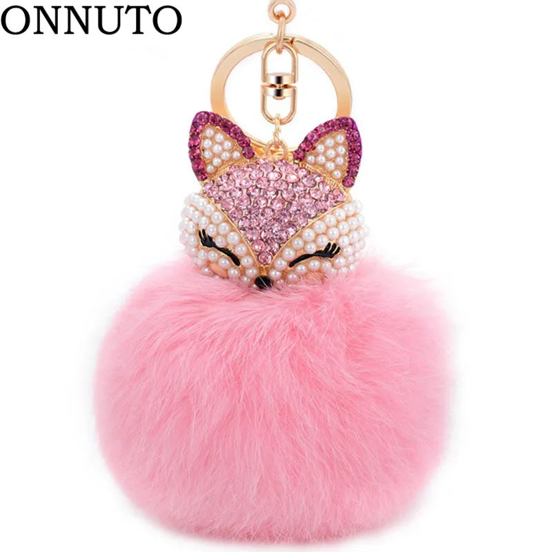 Lovely Crystal Faux Fox Rabbit Fur Keychains