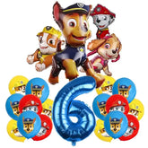 Playful Paw Patrol birthday balloon set with blue number 6 and colorful character balloons