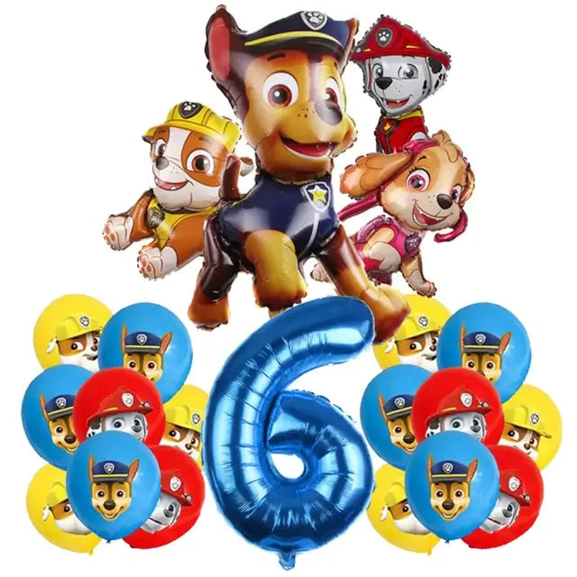 Playful Paw Patrol birthday balloon set with blue number 6 and colorful character balloons