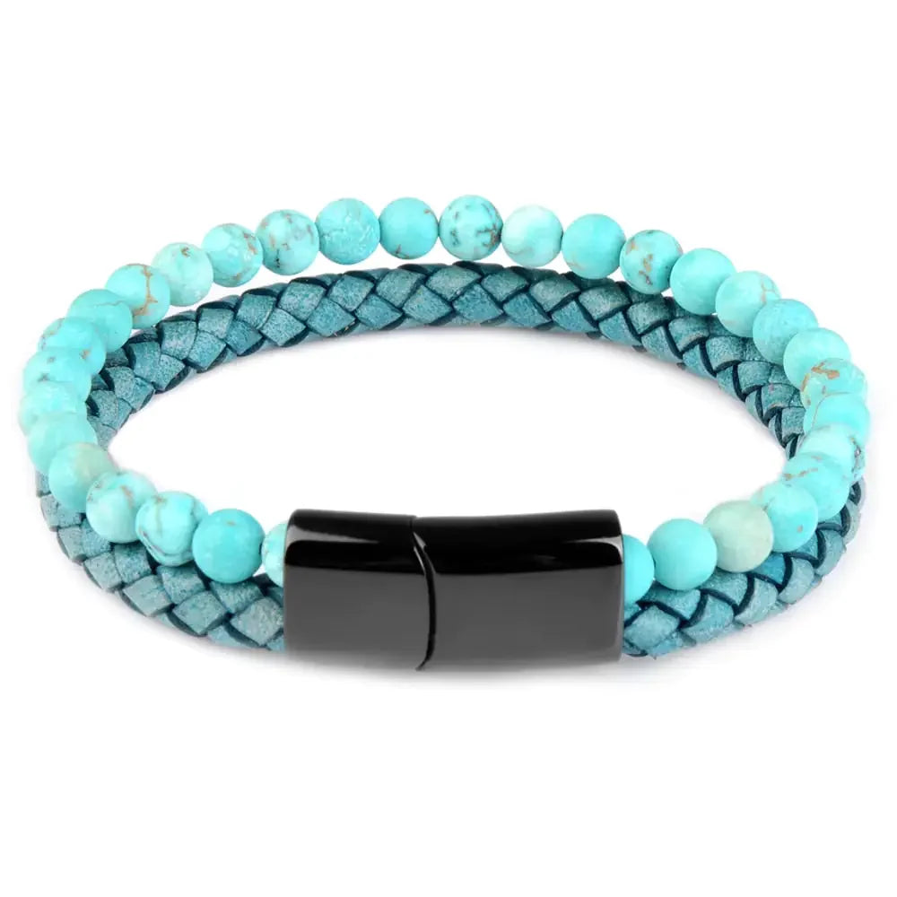 Unique turquoise beaded and braided leather bracelet with black magnetic clasp, stylish and eye-catching