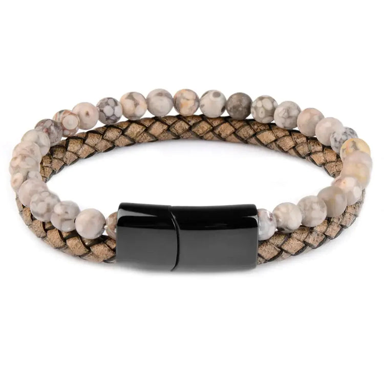 Curious beaded and braided leather bracelet with sleek black magnetic clasp, perfect for unique style
