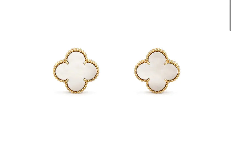 Elegant clover-shaped mother-of-pearl stud earrings with gold beaded trim, sparking curiosity.