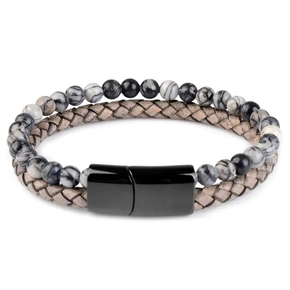 Stylish marbled beaded and braided leather bracelet with sleek black clasp, perfect for unique style.