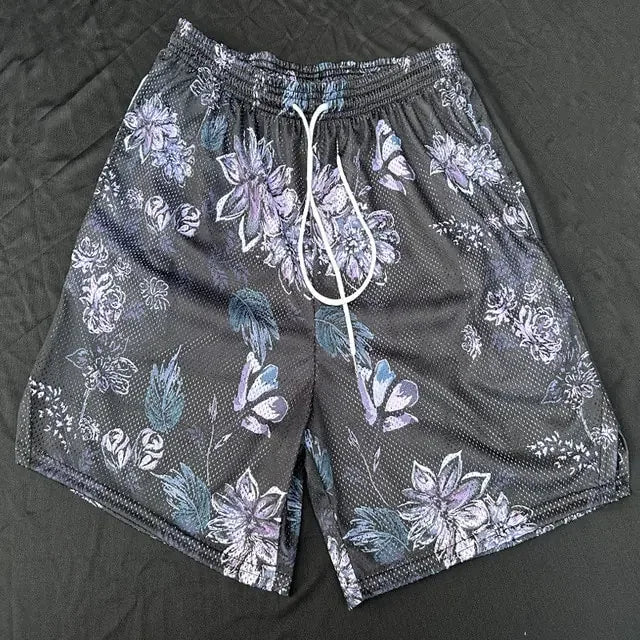 Unique black floral mesh shorts with drawstring, stylish and eye-catching for any look