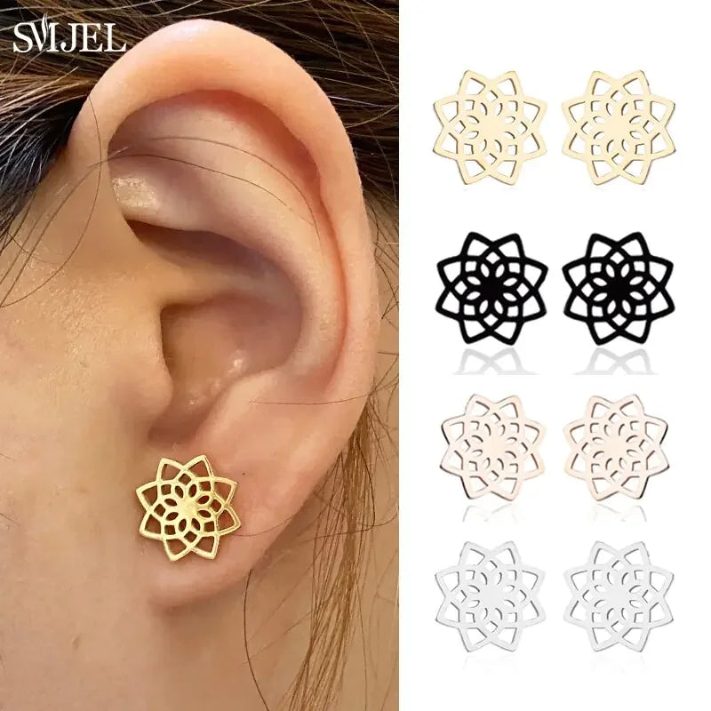 Elegant lotus flower stud earrings in gold, black, rose gold, and silver, perfect for adding a unique, stylish touch to any look.