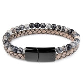 Striking marble bead and braided leather bracelet with bold black magnetic clasp, perfect for unique style