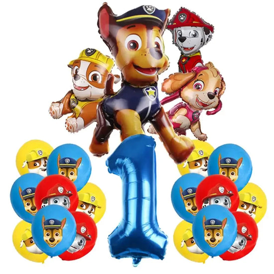 Colorful Paw Patrol balloons and a large blue number one balloon for a unique first birthday party