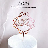 Shiny rose gold geometric happy birthday cake topper, 11cm, modern party décor accent.