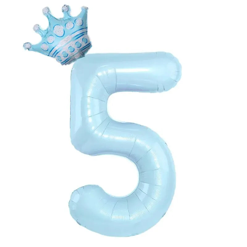 Shimmering blue number 5 balloon with crown, perfect for unique birthday party décor.