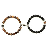 Distinctive double beaded bracelet set with tiger eye and matte black beads, silver details
