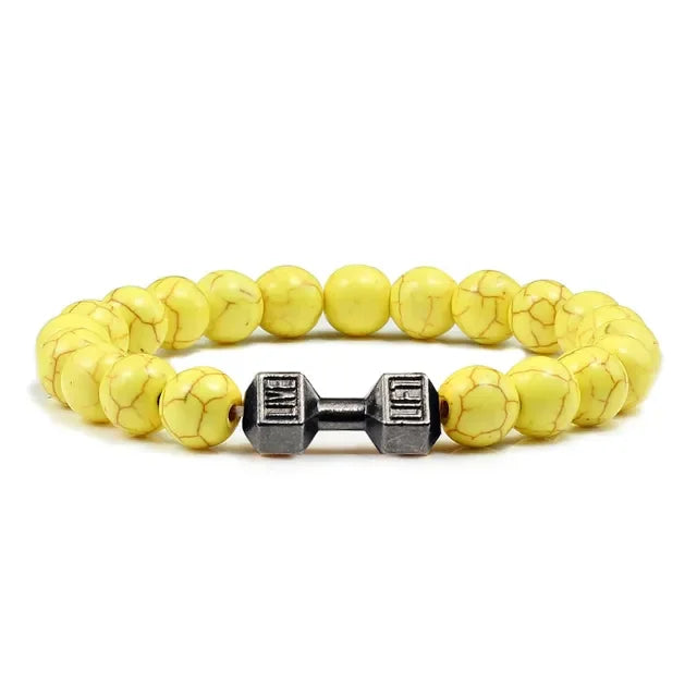 Vibrant yellow beaded bracelet with a distinctive dumbbell charm, perfect for unique style