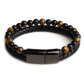 Distinctive black braided leather bracelet with tiger eye gemstone beads, stylish bold clasp