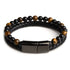 Distinctive black braided leather bracelet with tiger eye gemstone beads, stylish bold clasp