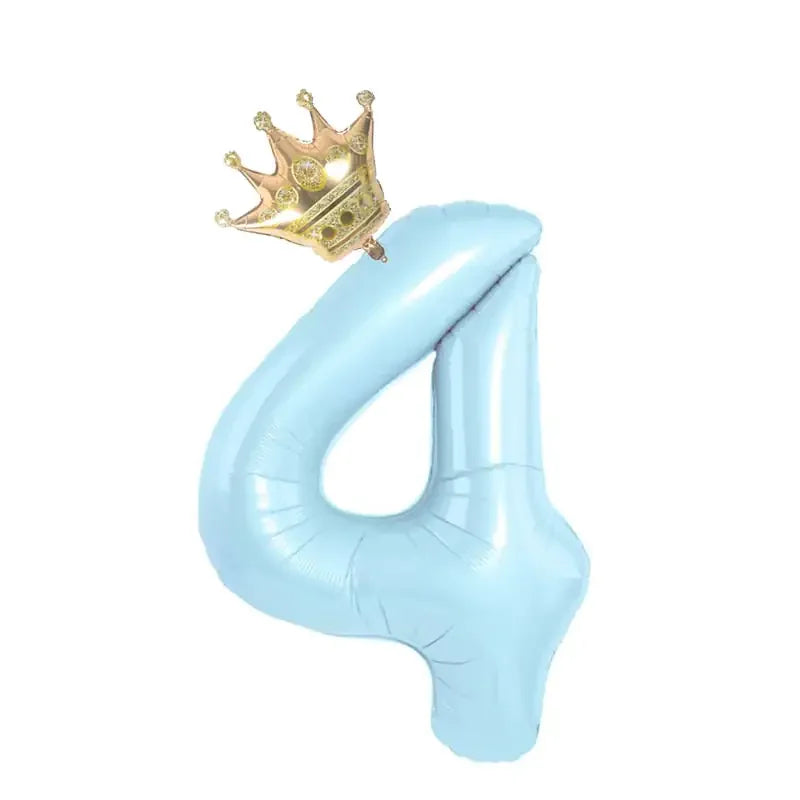 Light blue number 4 balloon with a gold crown, perfect for unique birthday décor.