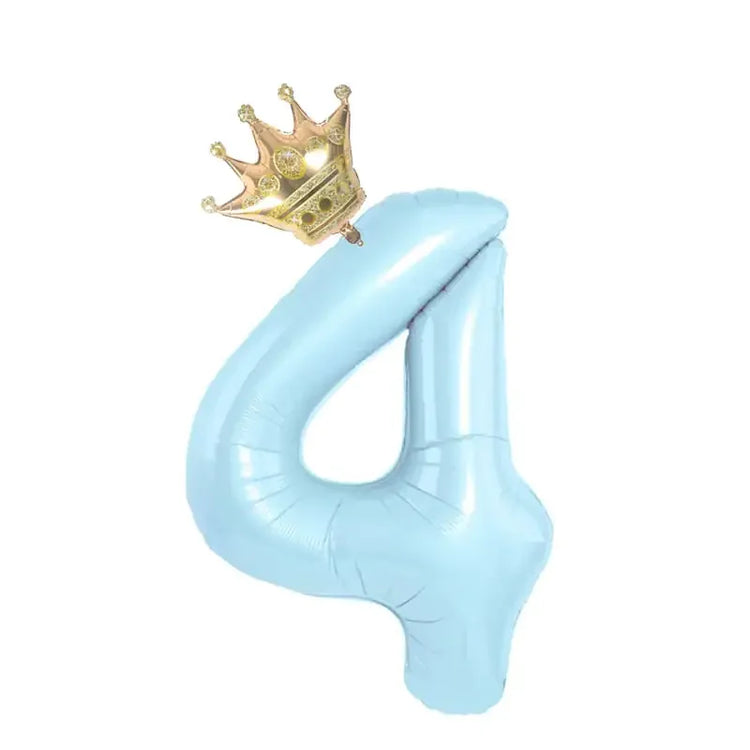 Light blue number 4 balloon with a gold crown, perfect for unique birthday décor.