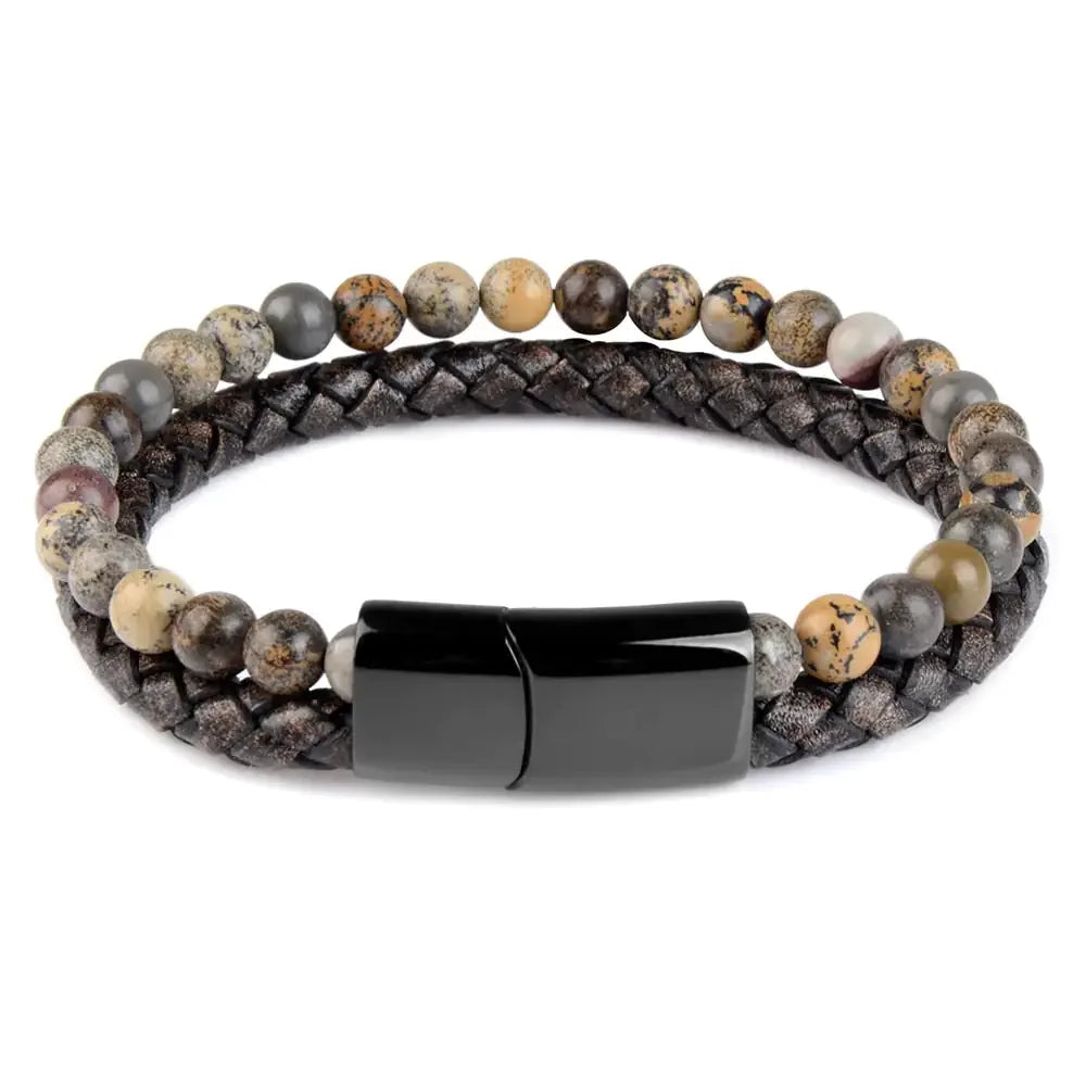 Earthy beaded bracelet with braided leather band and sleek black magnetic clasp, bold unique style