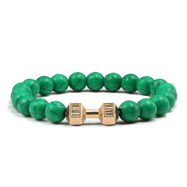 Striking green beaded bracelet with unique gold dumbbell charm, perfect for bold style seekers