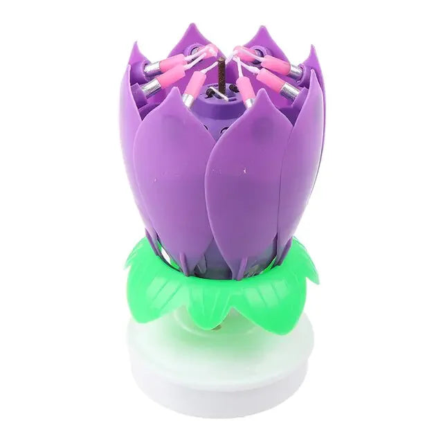 Intriguing purple lotus flower candle with green leaves for unique home décor appeal