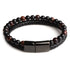 Sleek black leather braided bracelet with glossy gemstone beads and magnetic clasp, boldly unique.