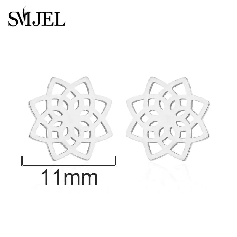 Discover unique silver geometric stud earrings, floral cutout design, 11mm width, stylish jewelry
