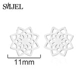 Discover unique silver geometric stud earrings, floral cutout design, 11mm width, stylish jewelry