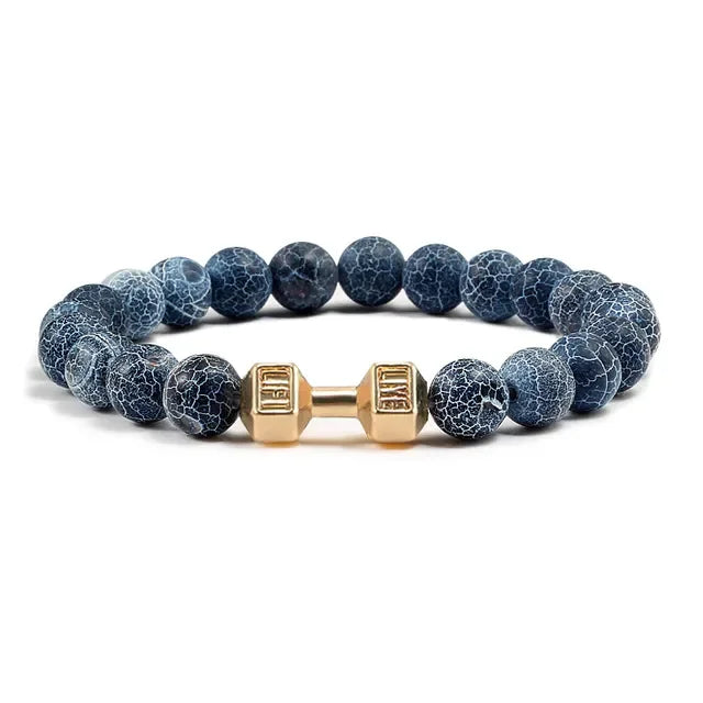 Curious crackled blue stone bracelet with unique gold dumbbell accent, trendy jewelry design