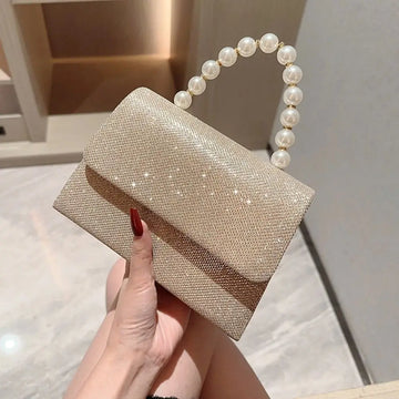 Bright Silk Evening Bag Women Elegant Banquet Clutch Pearl Chain Shoulder Bags Luxury Purse Female Wedding Party Handbags