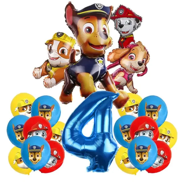 Colorful Paw Patrol-themed balloons and a blue number 4 balloon, perfect for a unique kids&