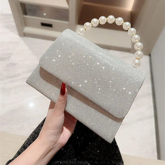Bright Silk Evening Bag Women Elegant Banquet Clutch Pearl Chain Shoulder Bags Luxury Purse Female Wedding Party Handbags
