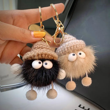 Cute Mink Fur lanyard Briquettes Keychain