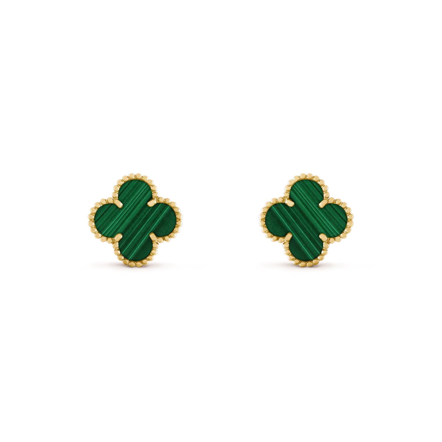 Elegant clover-shaped green gemstone stud earrings with gold trim, inviting curiosity and style.