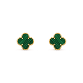 Elegant clover-shaped green gemstone stud earrings with gold trim, inviting curiosity and style.