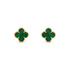 Elegant clover-shaped green gemstone stud earrings with gold trim, inviting curiosity and style.