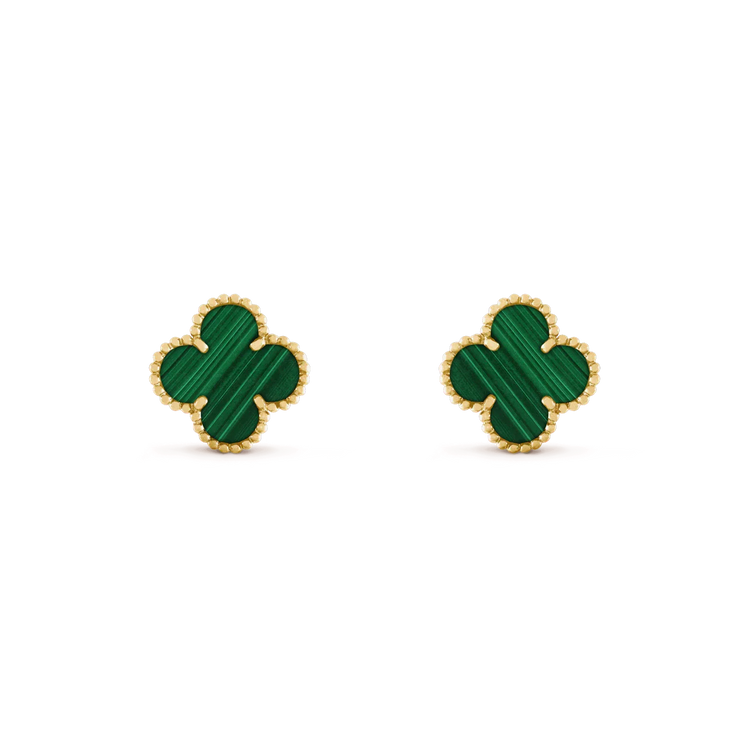 Elegant clover-shaped green gemstone stud earrings with gold trim, inviting curiosity and style.