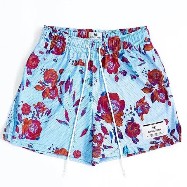 Vibrant blue mesh shorts with bold red floral print, sparking curiosity and unique style.