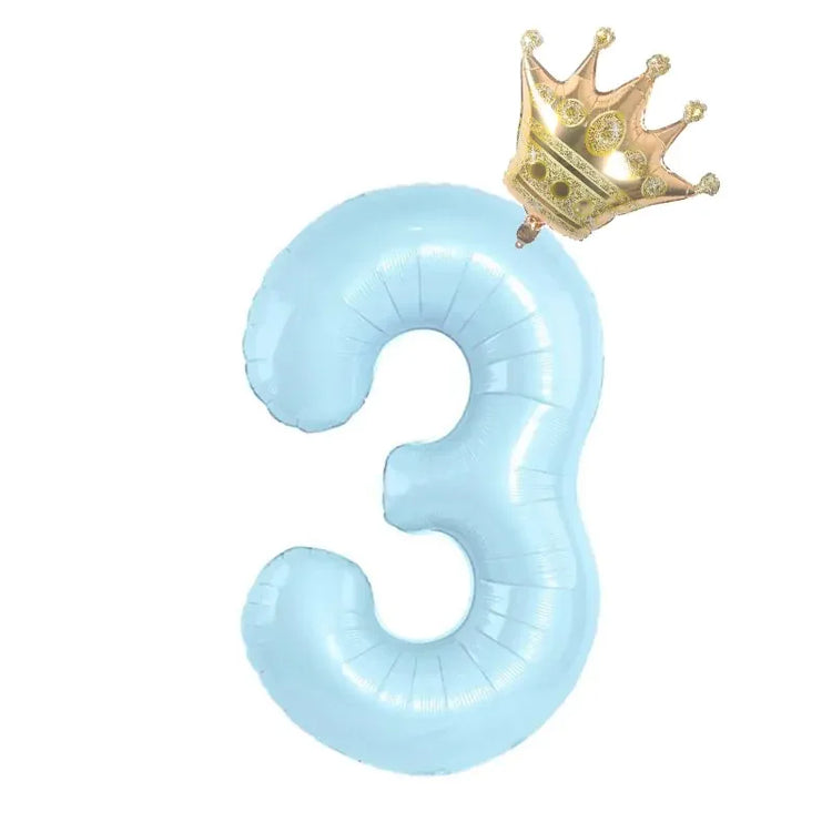 Shiny blue number 3 balloon topped with a regal gold crown, perfect for unique party décor.