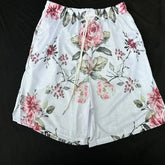 White mesh floral shorts with pink rose design, elastic waist, unique summer fashion style