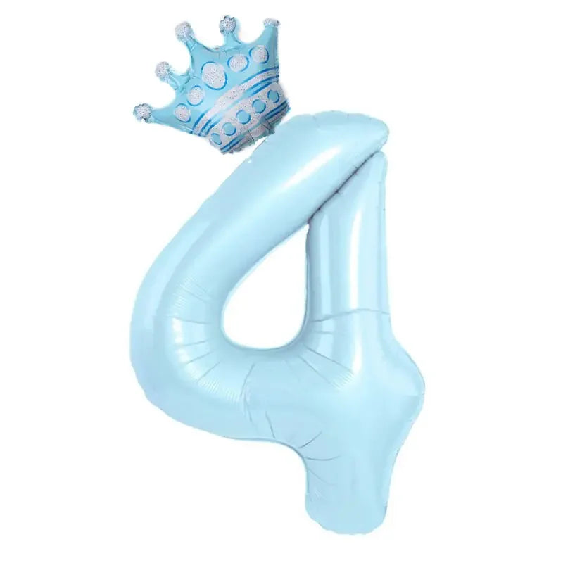 Shiny blue number 4 balloon with a playful crown, perfect for unique birthday decor.