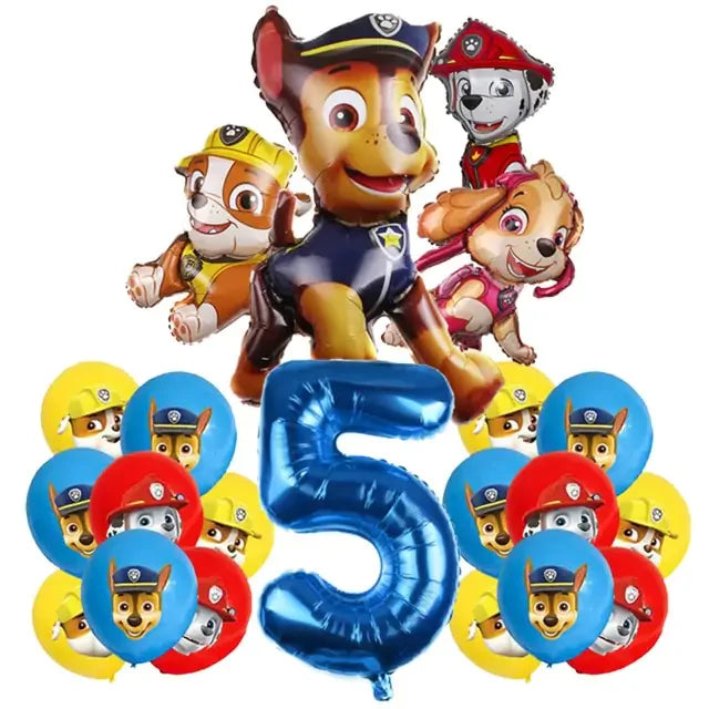 Vibrant Paw Patrol birthday balloon set with number 5 and playful, colorful pup designs